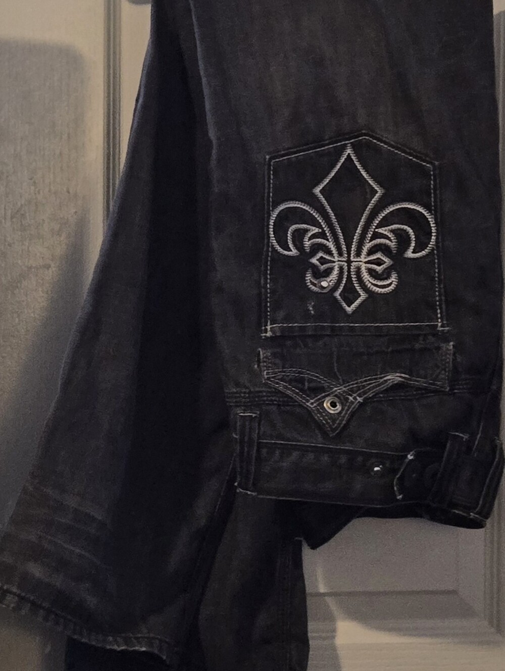 Affliction Black Bootcut Jeans with Fleur-de-Lis Stitching